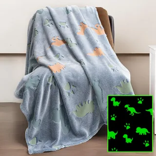 Winthome Kuscheldecke Kinder, Deck Glow In The Dark, Fleecedecke 130x170cm Weiche Flauschig, Babydecke Warme Kuschelig, Sofadecke für Mädchen Junge, Geschenke, Passend zu Allen Jahreszeiten (Dino)