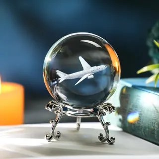 HDCRYSTALGIFTS Kristallkugel mit 3D-Lasen-Gravur, Flugzeug-Kristallkugel mit Ständer, Glaskugel, Flugzeug, Briefbeschwerer, Dekoration, Geschenk für Herren, 60 mm