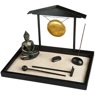 Loveria Zen Garten Miniatur 'Buddha', Schwarz | 28x19cm | Set mit Sand, Figur, Metallgong, Kurzhake, Schieber, Buddha-Figur, Tablett | Auszeit am Schreibtisch