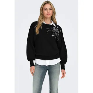 Sweatshirt ONLY "ONLCAMELA BROOKE GLITTER LS ONECK UB SWT", Damen, Gr. M, schwarz detail:chest deco, Sweatware, Obermaterial: 60% Baumwolle, 40% Polyester, unifarben, regular fit normal, Rundhals, Sweatshirts Sweatshirt, Baumwollmischung, regular fit, Rundhals
