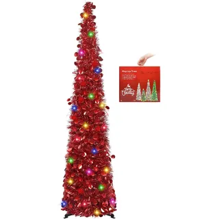 N&T NIETING Künstlicher Weihnachtsbaum mit Beleuchtung, Pop Up Weihnachtsbaum 150cm, Pailletten Weihnachtsbaum künstlich Weihnachtsdeko für Weihnachten, Partybedarf, Haus Dekoration, Rot
