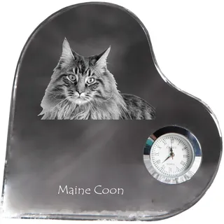 Maine Coon - Kristalluhr mit Katzenbild, Herzregal-Uhr, personalisierte Standuhr von Art-Dog. - Transparent