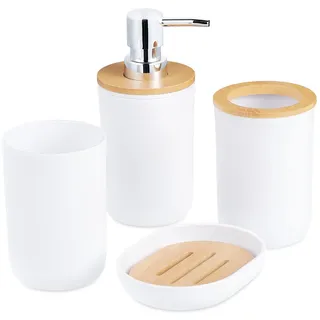 KEESIN Badezimmer Set,4-teiliges Badezimmer zubehör Set Badezimmer Accessoires Seifenspender Zahnputzbecher Set Bambus mit Lotion-Flasche, Bürstenhalter, Mundspülbecher, Seifenschale(Weiß)