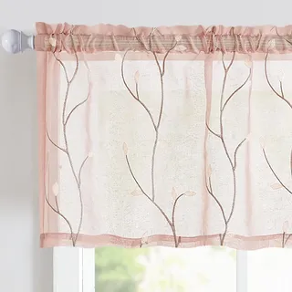 Vangao Voile Scheibengardinen mit Stangendurchzug Gestickt Durchsichtig Bistrogadine Landhaus Modern Küchenvorhang Küchengardinen Paarig für Badezimmer Klein Fenster Dekor Rosa 1er Set 140Bx40Hcm