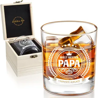 LIGHTEN LIFE Papa-Geschenke,Papa Whiskeyglas in Holzkiste,Hochwertige Geburtstagsgeschenke für Vater-360 ml