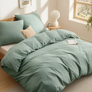 BEDSURE Bettwäsche 200x200 Baumwolle Grün - Bettwäsche-Sets 200 x 200 cm Bettbezug 3teilig mit 2 Kissenbezüge 80x80 cm, Oeko-TEX Bedding Salbeigrün mit Reißverschluss