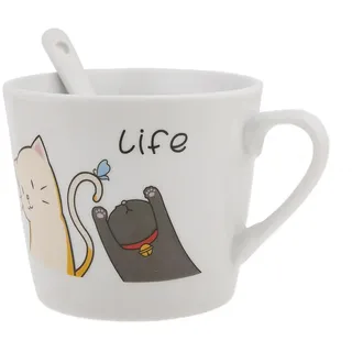 lachineuse – Porzellantasse und Löffel Happy Cat – 2 Katzen – Life Collection – 200 ml – Frühstück & Entspannungspause – Kaffee, Tee, heiße Schokolade – Geschenkidee Asien, China, Japan – Weiß