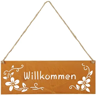 Schild Willkommen 25x9cm Außen Garten-Deko Rost Blumen Metall Türschild Wandbild