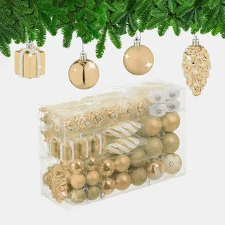 Relaxdays Weihnachtskugeln 72er Set, glitzernde, Matte & glänzende Baumkugeln, Stiefel, Herz & Zapfen, PS, Champagner