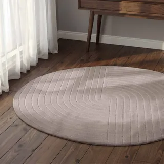 Wollteppich VIKOSA "Arcura", hellgrau, H:15mm Ø:150cm, Wolle, Teppiche, Wollteppich, Wolle Handgemacht, Hoch-Tief-Effekt, Geometrisches Linien Wellendesign