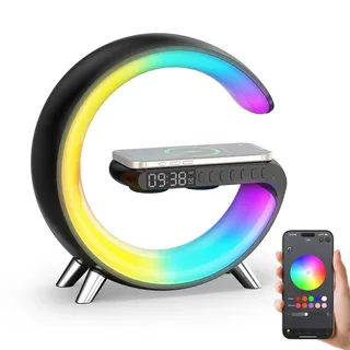 Smiling Shark Lichtwecker, Intelligente Wecker Licht Atmosphärenlicht mit Kabelloses Ladegerät Bluetooth Lautsprecher Dimmbar Naturgeräuschen App Steuerung Sonnenaufgang Licht Wecker für Wohnzimmer