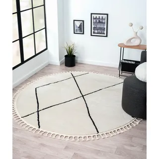 Myflair Möbel & Accessoires Hochflor-Teppich »Moroccan Signature« rund 24 mm Höhe modern, marokkanisches Design, Rauten Muster, weich, mit Fransen, schwarz-weiß