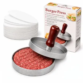Kyto Burgerpresse Edelstahl-Qualität Aluminium - Patty Presse & Smash Burger Set mit Holzgriff, 11,5 cm Durchmesser, inklusive 50 Blatt Backpapier