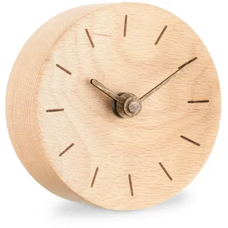 Navaris Analog Holz Tischuhr rund - 11 x 11 x 3,5cm - analoge Deko Tisch Uhr ohne Ticken mit Holz Ziffernblatt und Zeigern - leise Holzuhr Hellbraun