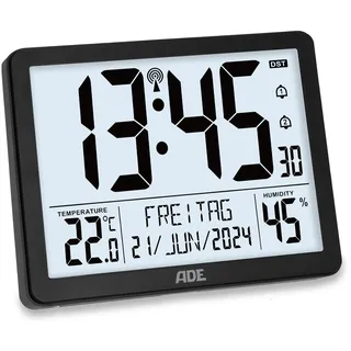 ADE Digitale XL-Funkuhr mit sehr großen Ziffern | Tischuhr Wanduhr mit 2 Weckzeiten und Beleuchtung | Thermometer Hygrometer | schmaler Rahmen in matt schwarz