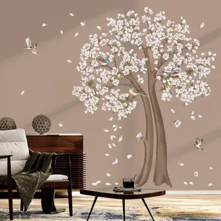 decalmile Wandtattoo Baum Weiß Groß Wandaufkleber Weiß Blumen Vögel Zweig Wandsticker Schlafzimmer Wohnzimmer TV Wand Haus Wanddeko(H:150cm)