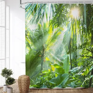 ASDCXZ Duschvorhang Wald 180x180 cm, Naturlandschaft Grün Wald Sonnenschein Motiv Wasserdicht Textil Bad Duschvorhänge Waschbar Polyester Stoff Duschvorhang für Badewanne mit 12 Duschvorhang Hake