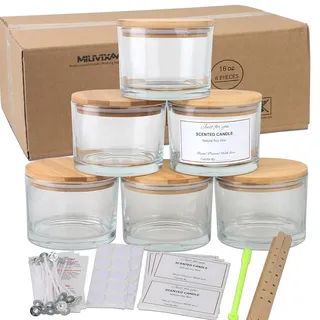 MILIVIXAY 6 x 473 ml Kerzengläser mit Bambusdeckel und Kerzenherstellungs-Kits – 3-Docht-Kerzenglas, leere transparente dicke Gläser für die Herstellung großer Kerzen – Gewürz-, Pulverbehälter.
