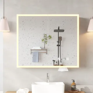 FCH Spiegelschrank, LED, 80x15,5x70cm, Touch Doppeltüren, 7 Ablagen, Zeit- und Temperaturanzeige, dreifarbiger Beleuchtung, Rasiersteckdose, Weiß - Weiß