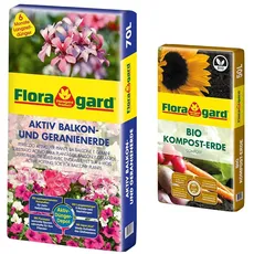 Floragard Aktiv Balkon und Geranienerde 70 Liter & Bio Kompost-Erde 50 Liter – Pflanzerde für Blumen, Gemüse und Gehölze – mit Bio-Dünger - Gartenerde