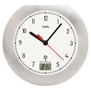 AMS F5920 Funkwanduhr mit digitaler LCD-Anzeige in Aluminiumoptik - Weiß, Grau, Silber