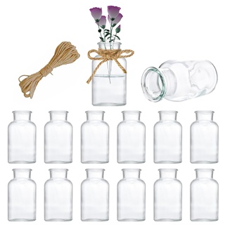 12 StüCk Kleine Vasen Set, 125ml Mini Blumenvasen, Glasvasen GlasfläSchchen Glasflasche, Minivasen, Väschen Für Tischdeko Hochzeit Dekoflaschen Trockenblumen Deko Inklusive 5m Vintage Juteschnur