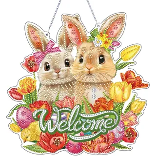 Skeadex Diamond Painting Ostern Türkranz, 5D Osterhase Diamont Painting Anhänger Fensterbilder Ostern Diamond Painting Frühling Osterdeko Fenster Diamant Malerei Osterkranz Haustür für Handwerk (A)