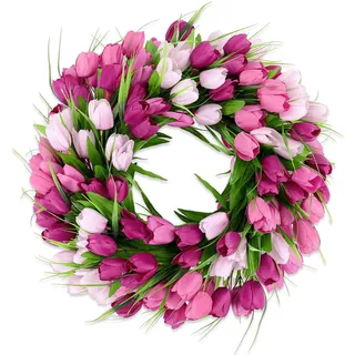 Enyhom Künstliche Tulpenkranz Ganzjährig, 45cm Türkranz Frühling Sommer Außen Deko für Bauernhaus, Lebensechte Blumen Dekokranz für Haustür Wohnzimmer Wand Dekoration