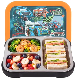 PinkSheep Edelstahl Brotdose Kinder mit 3 Fächern und Dichtring 950ml Lunchbox Personalisiert, BPA-freie, Auslaufsicher, Bento Box für Picknick Schulschüler Mittagessen Snack (Rennen)