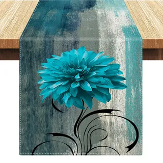 Tischläufer Herbst Leinen Abstrakte Kunst Gemälde Blaugrüne Graue Blumen Tischdeko Vintage Waschbare Esstischdecke Tischläufer Böhmen für Bankett Party Urlaub Hochzeiten 40 x 140 cm