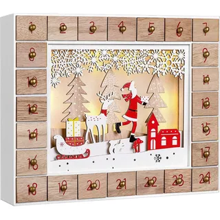 SPIELWERK® Adventskalender zum selbst Befüllen Nachhaltig LED warmweiß 24 Türchen Weihnachtskalender DIY Holz Kinder Wiederverwendbar Schlitten - Braun