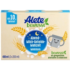 Alete bewusst Abend-Milch-Getreide-Mahlzeit Mehrkorn, ab dem 10. Monat, trinkfertige Babynahrung mit Vollkornhafer, Ersatz zu Babybrei, warm oder kalt trinken, 400 ml (2 x 200 ml)