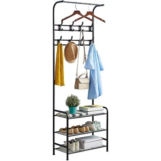 Garderobenständer, Kleiderständer Garderobe Metall mit Schuhregal 3 Ablagen, freistehende Garderobe Kleiderständer mit 8 abnehmbaren Haken für Kleidung, Hüte,Schale,Handtaschen, Regenschirm, 2 Ablagen