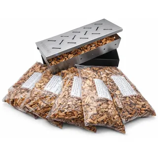 Bergfeld BBQ – Räucherbox-Set inkl. 5 Sorten Räucherchips (Apfel, Kirsch, Hickory, Buche, Eiche) - für alle Grills - Smokerbox aus gebürstetem Edelstahl – BBQ-Aroma für Fleisch, Fisch und Gemüse