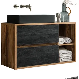 Waschtischunterschrank 100 cm Keramik-Waschbecken HARLOW-56 Eiche mit Beton Dunkel, B/H/T ca. 100/71/46 cm - Braun