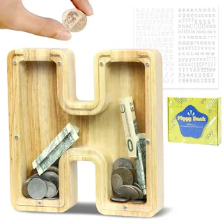 LEcylankEr Spardose Kinder Personalisierte A-Z Alphabet Sparbüchse Holz Spardose Dekoration Kreative groß Sparschwein als Geschenke für Geburtstag, Weihnachten und Thanksgiving (H)