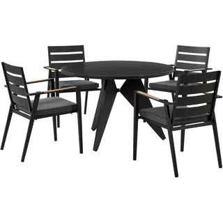 BELIANI Gartenmöbel Set 5-teilig Schwarz Aluminium Tisch  110 cm Rund Keramikplatte mit 4 Stühlen Auflagen Grau Stapelbar Terrasse Außenbereich - Schwarz, Grau, Braun