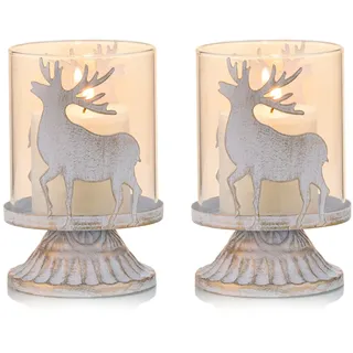 Sziqiqi Kerzenhalter Weihnachtsdeko Innen Tisch: Windlichter 2er Set Hirsch Kerzenständer Metall Vintage für Weihnachten Deko Tisch Wohnzimmer Weiß