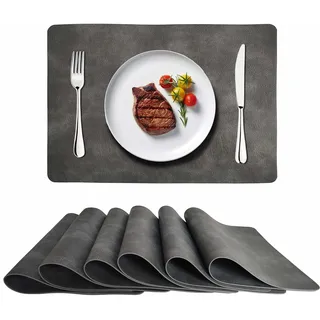 Tischsets aus gewaschenem Rindsleder, PU-Leder, hitzebeständig, modern, leicht zu reinigen, wasserdicht, abwischbar, für Party-Dekoration, 6 Stück (grau)