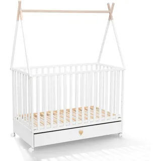 ATB MEBLE Babybett mit Schublade DREAMY KOLLEKTION - Beistellbett Baby aus Holz - Kinderbett - drei Ebenen der Matratzenhöhe Hausbett für baby - Weiß - Weiß