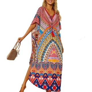 Lazz1on Lange Kaftan Damen Strandkleider Boho Sommer Maxikleid Pareo Bikini Cover Ups für Urlaub und Strand