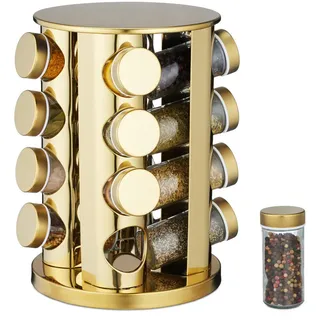 Relaxdays Gewürzkarussell, 16 Gewürzgläser, 360° drehbar, Edelstahl, Glas, H x D: 27,5 x 20 cm, rundes Gewürzregal, gold