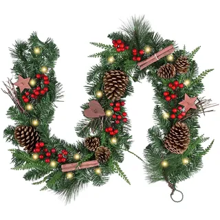 Valery Madelyn Weihnachtsgirlande 152CM mit 20 Beleuchtung Timer, künstliche Tannengirlande mit Natür Tannenzapfen Zimt Holzsterne,Weihnachtsdeko für Tisch Treppengeländer In-Outdoor, Grün Rot