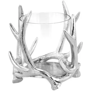 Glas Windlicht Ø 15 cm Aluminium poliert in Hirsch Geweih Form - Kerzenhalter mit offenem Glaszylinder - Kerzenständer für Stumpenkerzen/Teelichter - Windglas für innen & außen