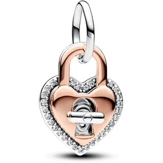 Pandora Bicolor Drehbares Herz-Schloss Doppelter Charm-Anhänger aus Sterling Silber mit 14 Karat rosévergoldeter Metalllegierung, Zirkonia, Kompatibel Moments Armbänder, 783079C01