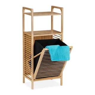 Relaxdays Badregal mit Wäschekorb, 2 Ablagen, 95 x 40 x 30 cm, Wäschesammler kippbar, Bambus, Stoff, Natur/schwarz