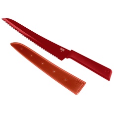 KUHN RIKON Colori+ Brotmesser gezackte Klinge mit Klingenschutz, antihaftbeschichtet, Edelstahl, 32.5 cm, rot