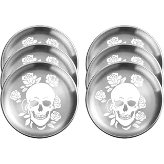 XIAOYU 6er-Pack Halloween-Skelett-Edelstahl-Essteller, runde Metallteller im Totenkopf-Gothic-Stil, einzigartiges Totenkopf-/Blumenmuster, Metallgeschirr für Abendessen, Partys und Camping