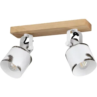 EGLO Deckenstrahler Kilburn, 2-flammige Deckenlampe mit schwenkbaren Spots, FSC100HB, Deckenleuchte im Landhaus Stil, Metall in Weiß und Holz in Natur, Deckenspot mit E27 Fassung