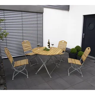 DEGAMO Gartenset Sitzgruppe Gartenmöbelset im Kurgartendesign BAD TÖLZ 5-teilig mit Tisch rund, Flachstahl verzinkt + Holz Robinie, klappbar - Silber, Braun